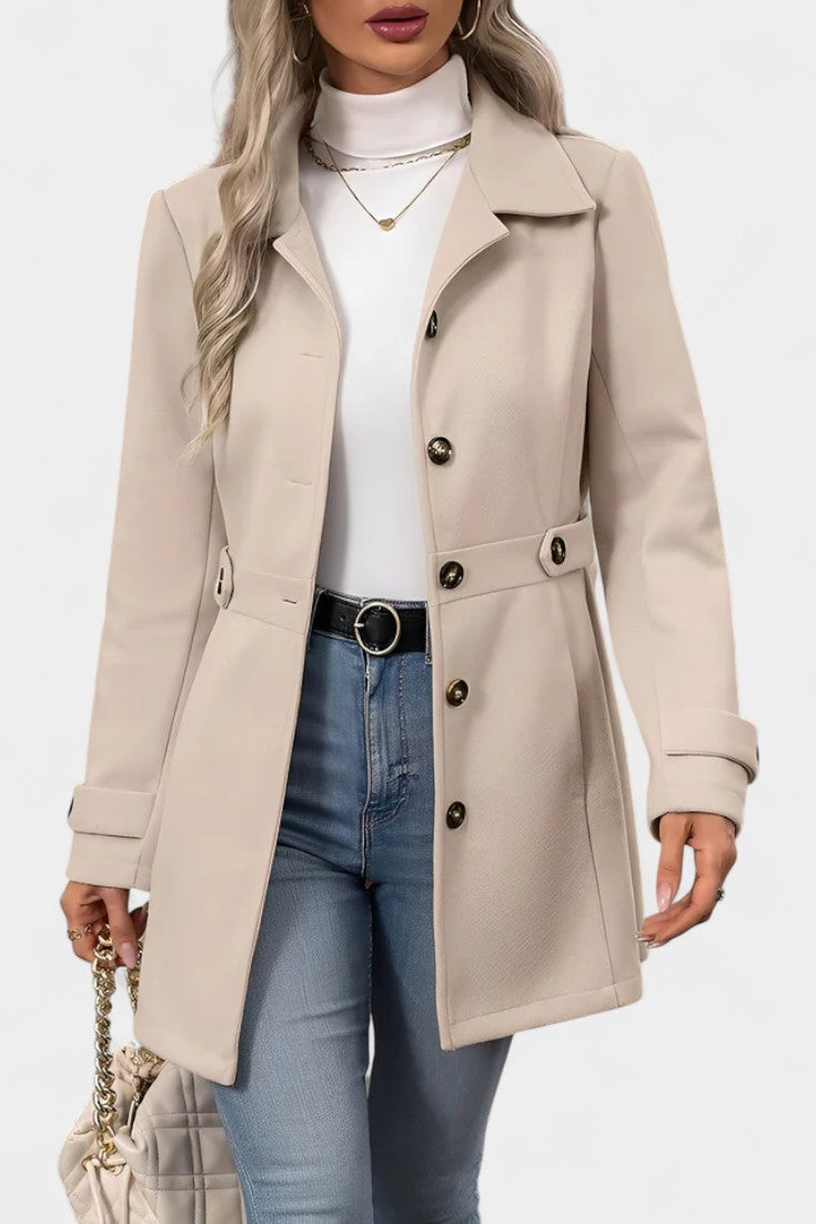 Notch Lapel Button Front Belted Tab Waist Midi Coat