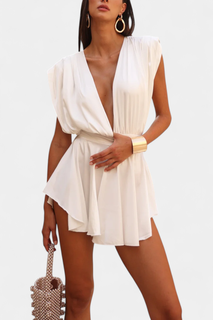 Deep V-Neck Sleeveless Tie Waist Flared Romper 8