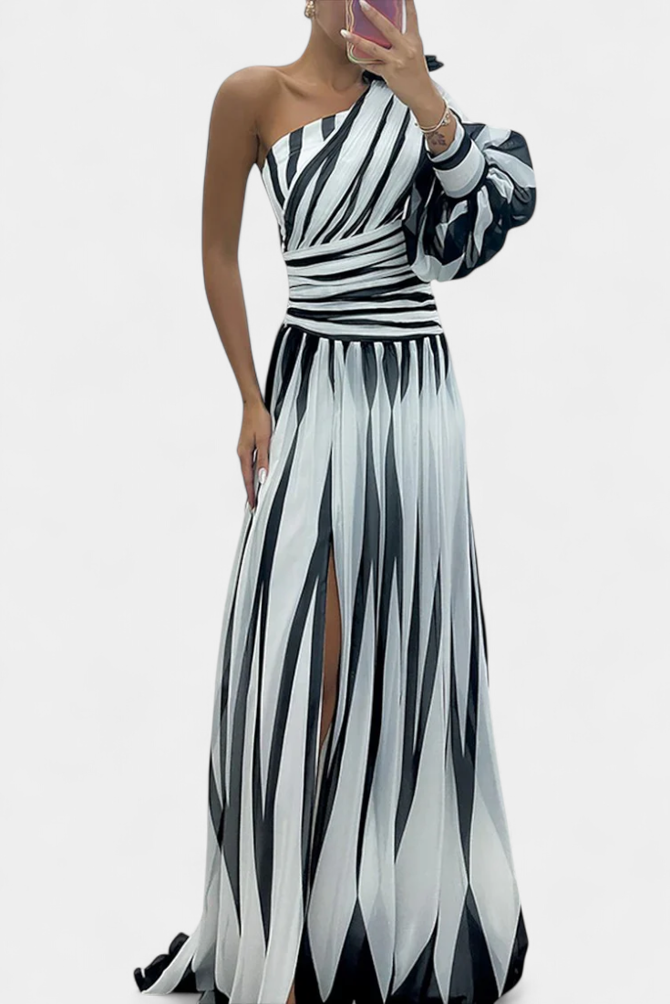 Abstract Print One Shoulder High Split Maxi Gown 3