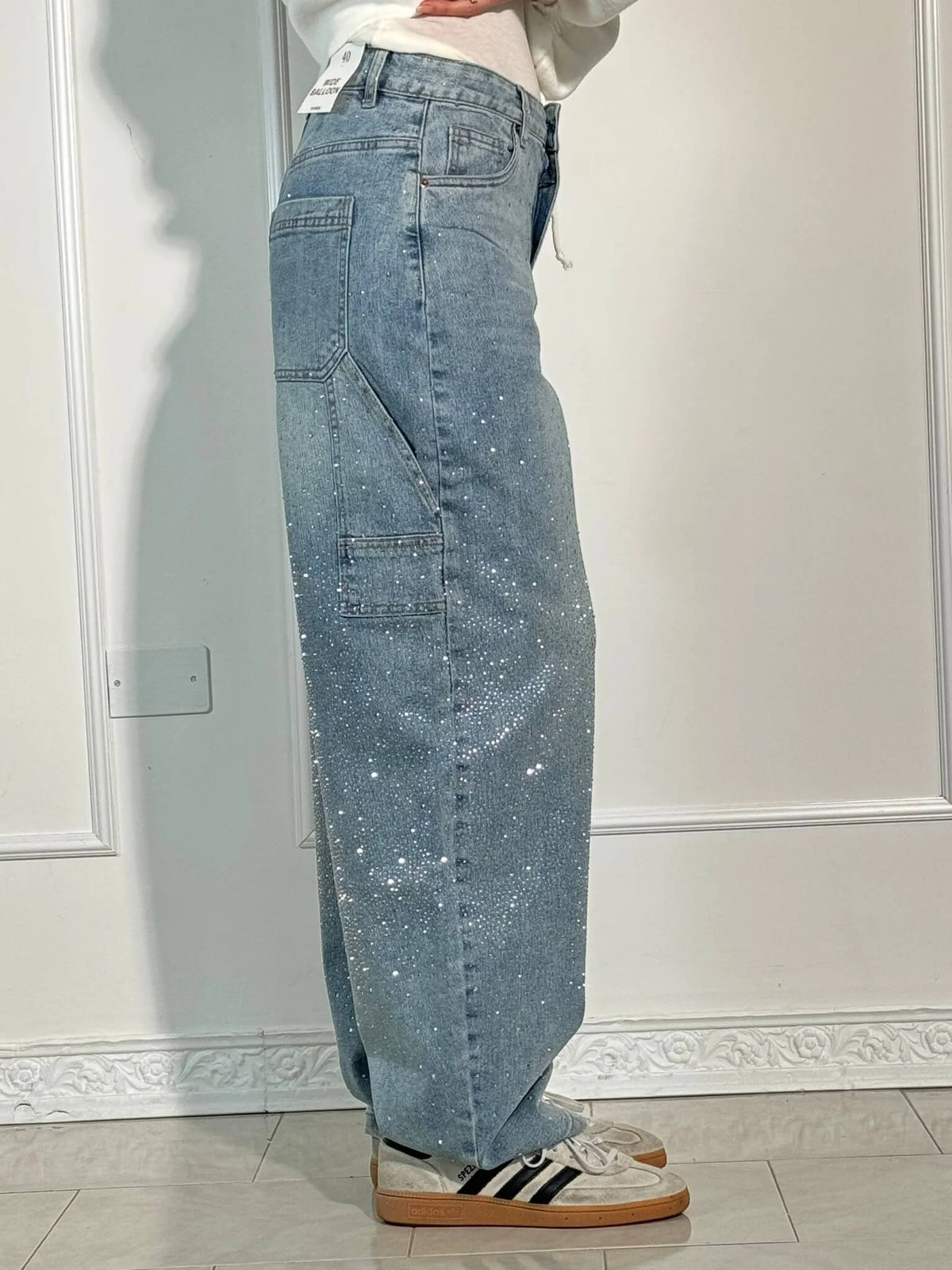 High Waist Rhinestone Embellished Wide Leg Jeans 6