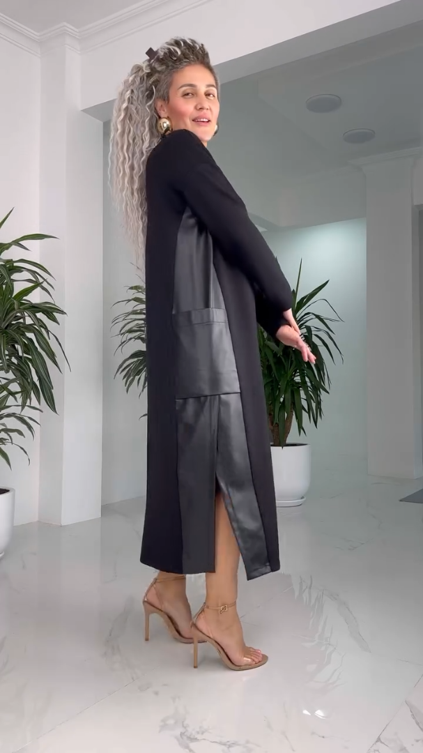 Round Neck Long Sleeve Side Split Midi Shift Dress 3