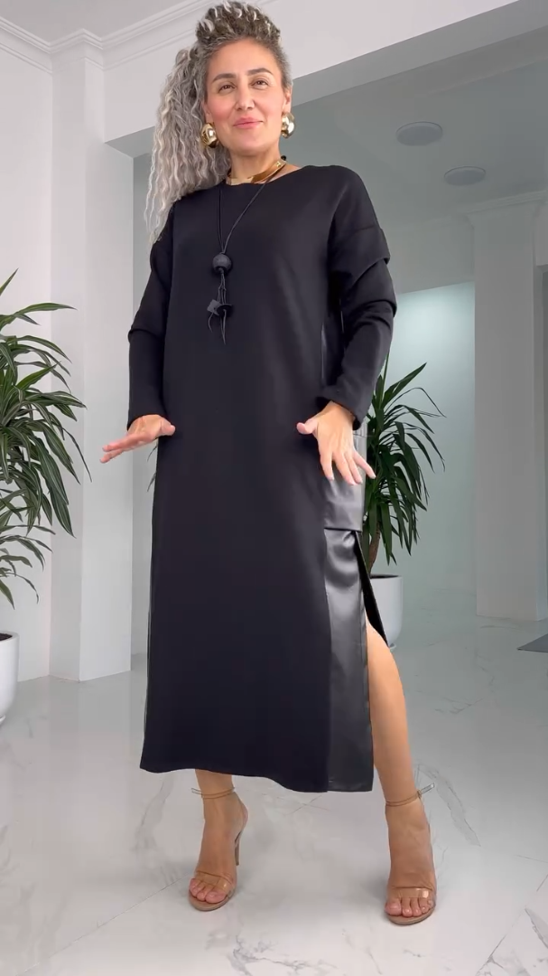 Round Neck Long Sleeve Side Split Midi Shift Dress