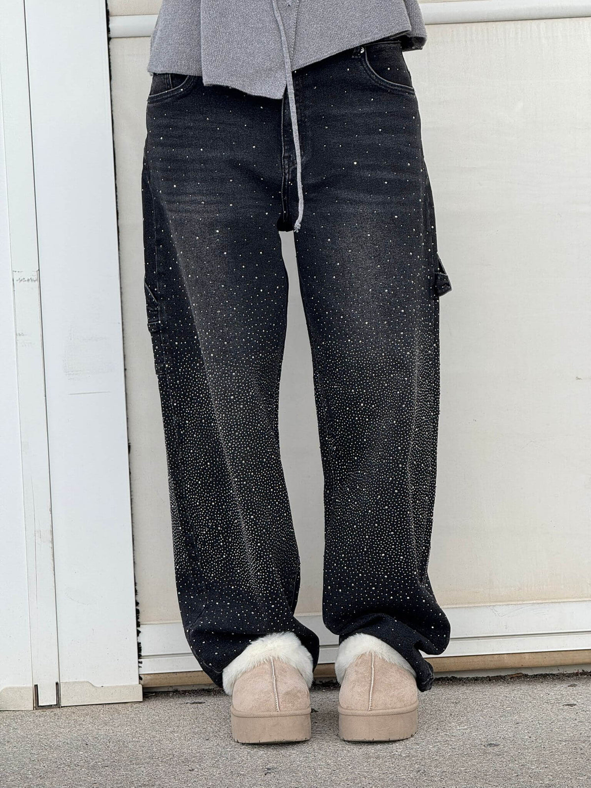 High Waist Rhinestone Embellished Wide Leg Jeans 9
