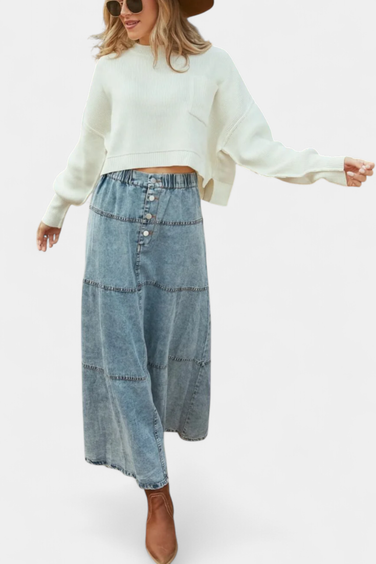 High Waist Button Front Tiered Denim Maxi Skirt 4
