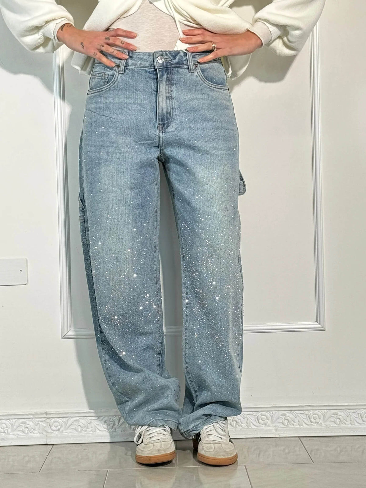 High Waist Rhinestone Embellished Wide Leg Jeans 5