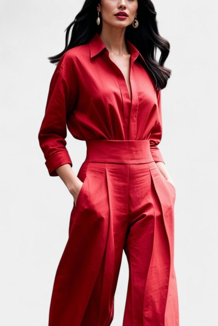 Collared Long Sleeve High Waist Denim Look Jumpsuit 9