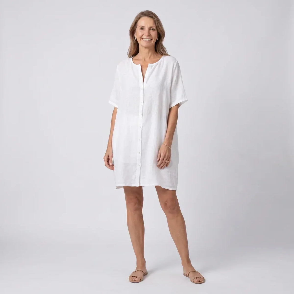 Button Front Short Sleeve Linen Look Shirt Dress