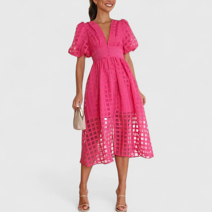 Deep V-Neck Puff Sleeve Textured Check Button Front Midi Dress 7