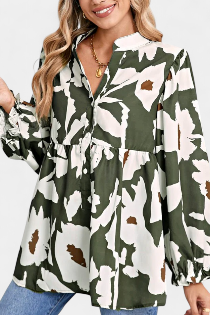 Abstract Floral Notch Neck Puff Sleeve Peplum Blouse 5