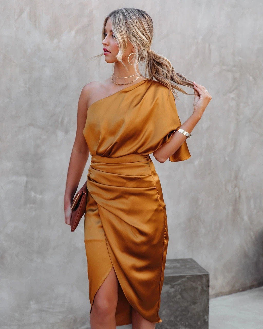 Satin One Shoulder Ruched Pleated Wrap Asymmetric Midi Cocktail Dress - View 6