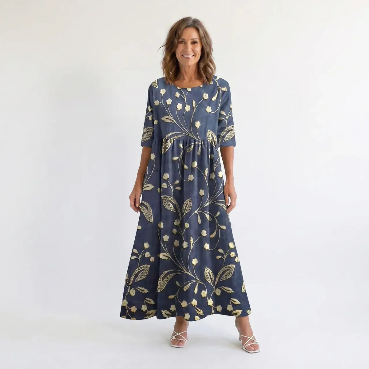 Floral Round Neck Half Sleeve Pocket Maxi Dress