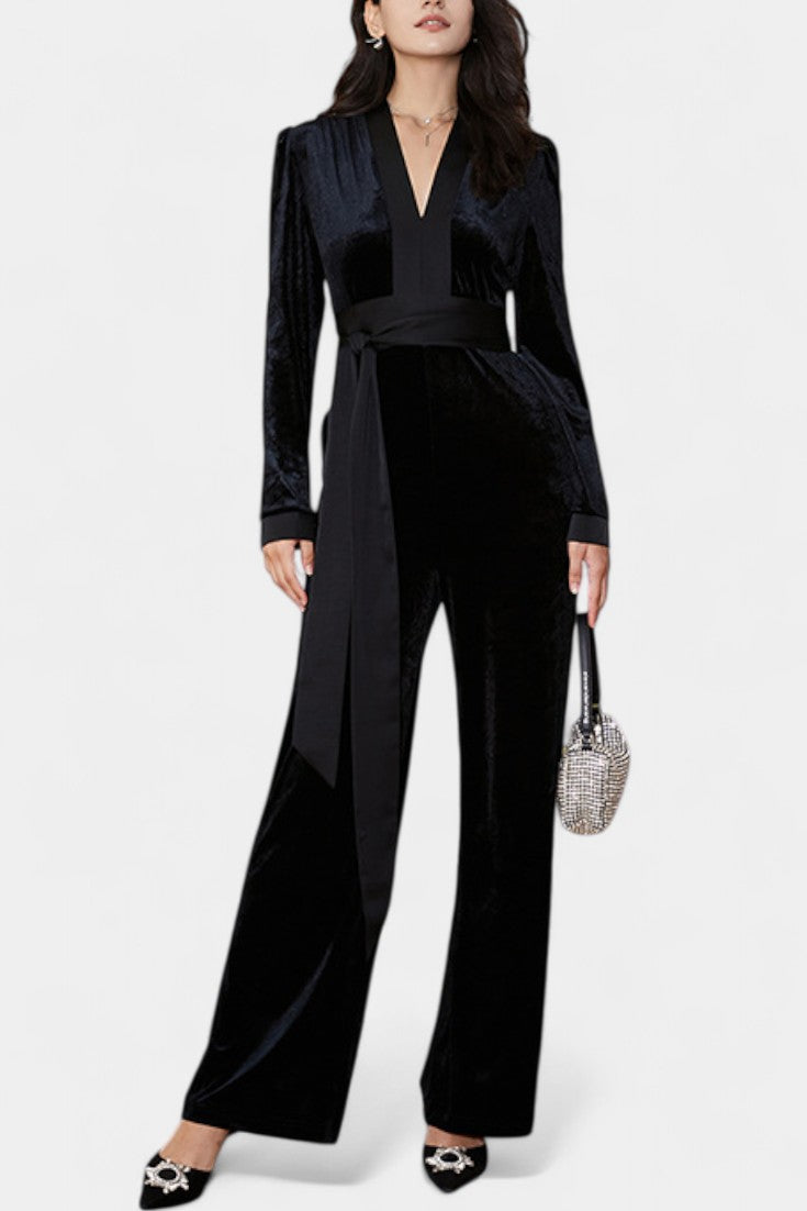 Velvet Wrap V-Neck Belted Wide Leg Jumpsuit 4