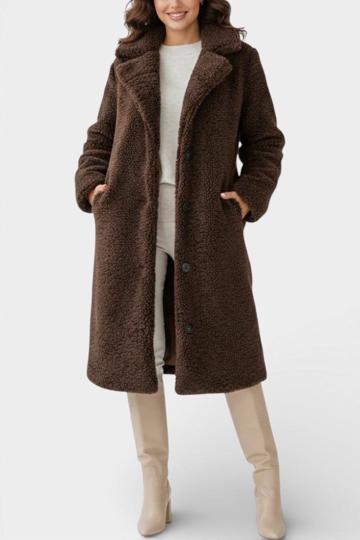 Notched Collar Button Front Teddy Longline Coat