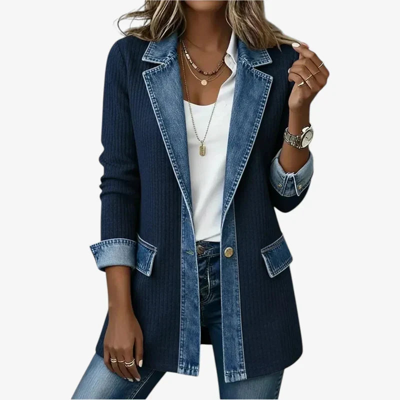 Denim Contrast Ribbed Lapel Button Front Longline Jacket 5