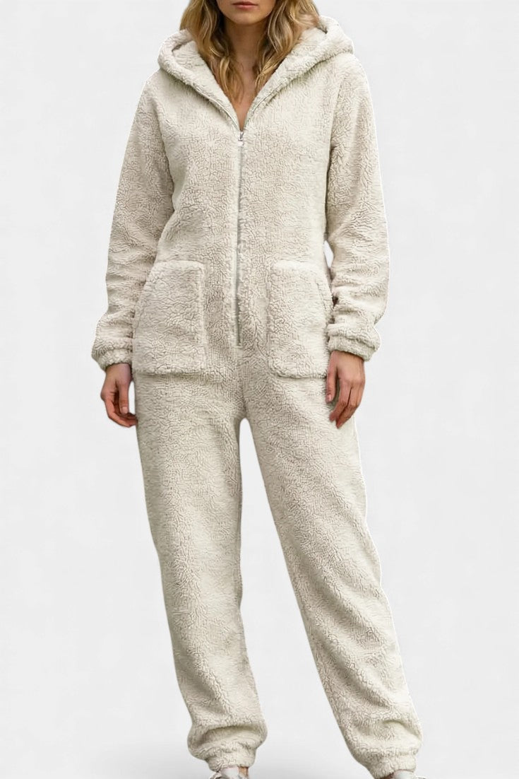 Hooded Zip Front Fleece Lounge Jumpsuit