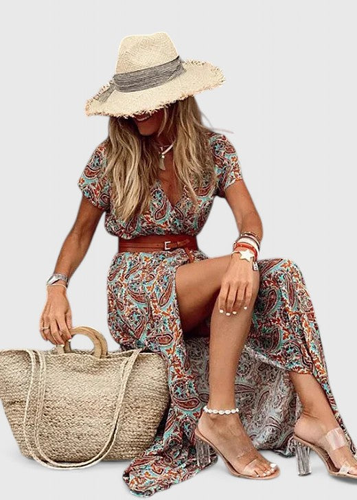 Floral V-Neck Short Sleeve Belted Maxi Dress 4