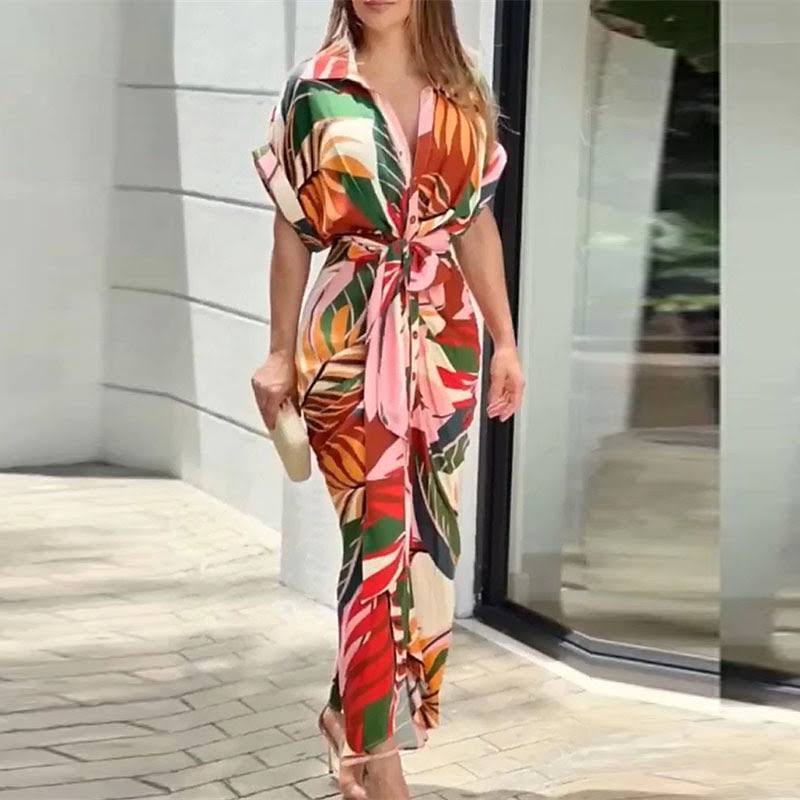 Abstract Print Collar Button Front Tie Waist Maxi Shirt Dress - View 3