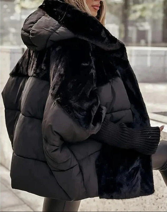 Faux Fur Hooded Puffer Jacket with Ribbed Knit Sleeves 4