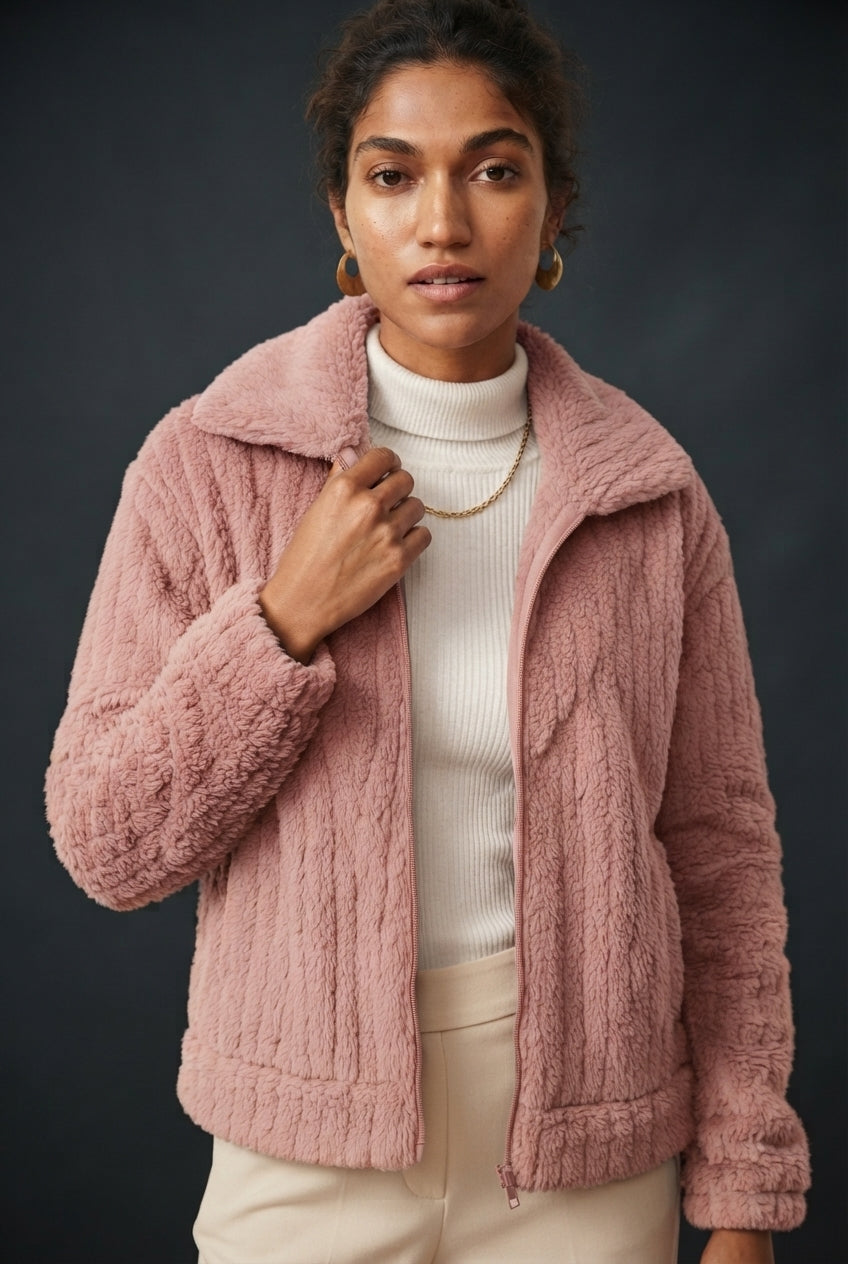 Zip Front Collared Sherpa Fleece Jacket 6