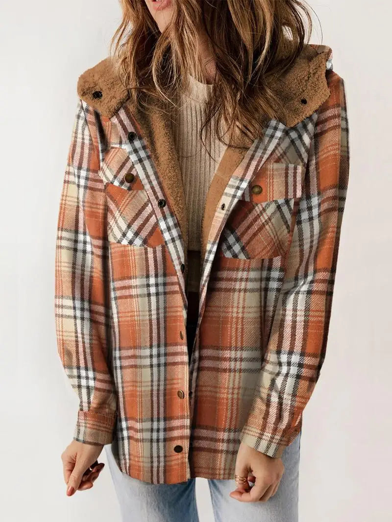 Plaid Hooded Sherpa Lined Button Front Shacket 5