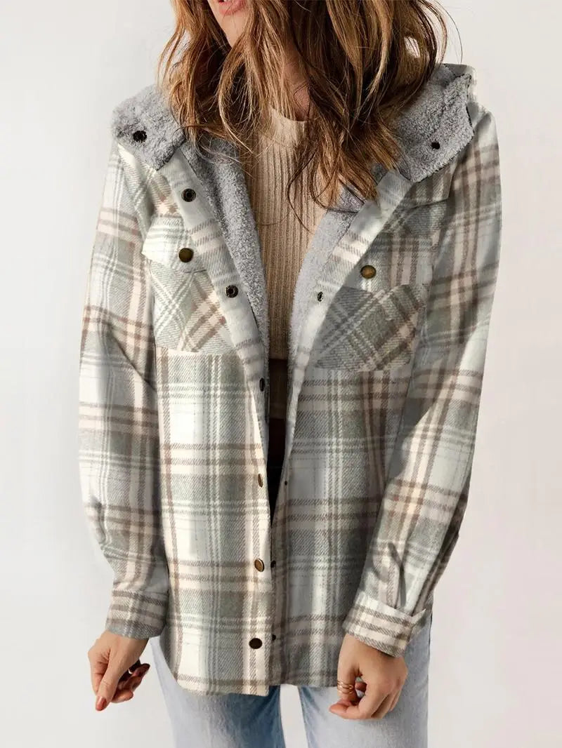 Plaid Hooded Sherpa Lined Button Front Shacket 3