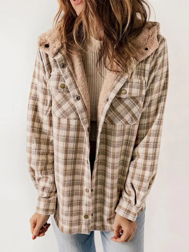 Plaid Hooded Sherpa Lined Button Front Shacket 4