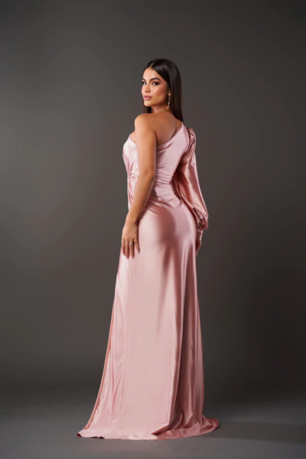 Satin One Shoulder Draped Bishop Sleeve Twist Waist Midi Dress - View 16
