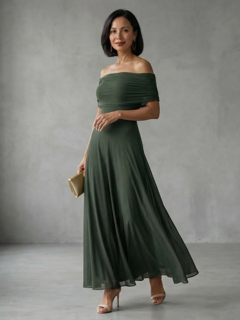 Off Shoulder Ruched Short Sleeve Chiffon Fit and Flare Maxi Dress 3