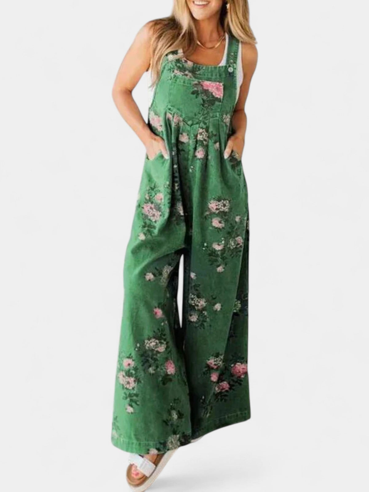 Floral Print Wide Leg Denim Overalls 3
