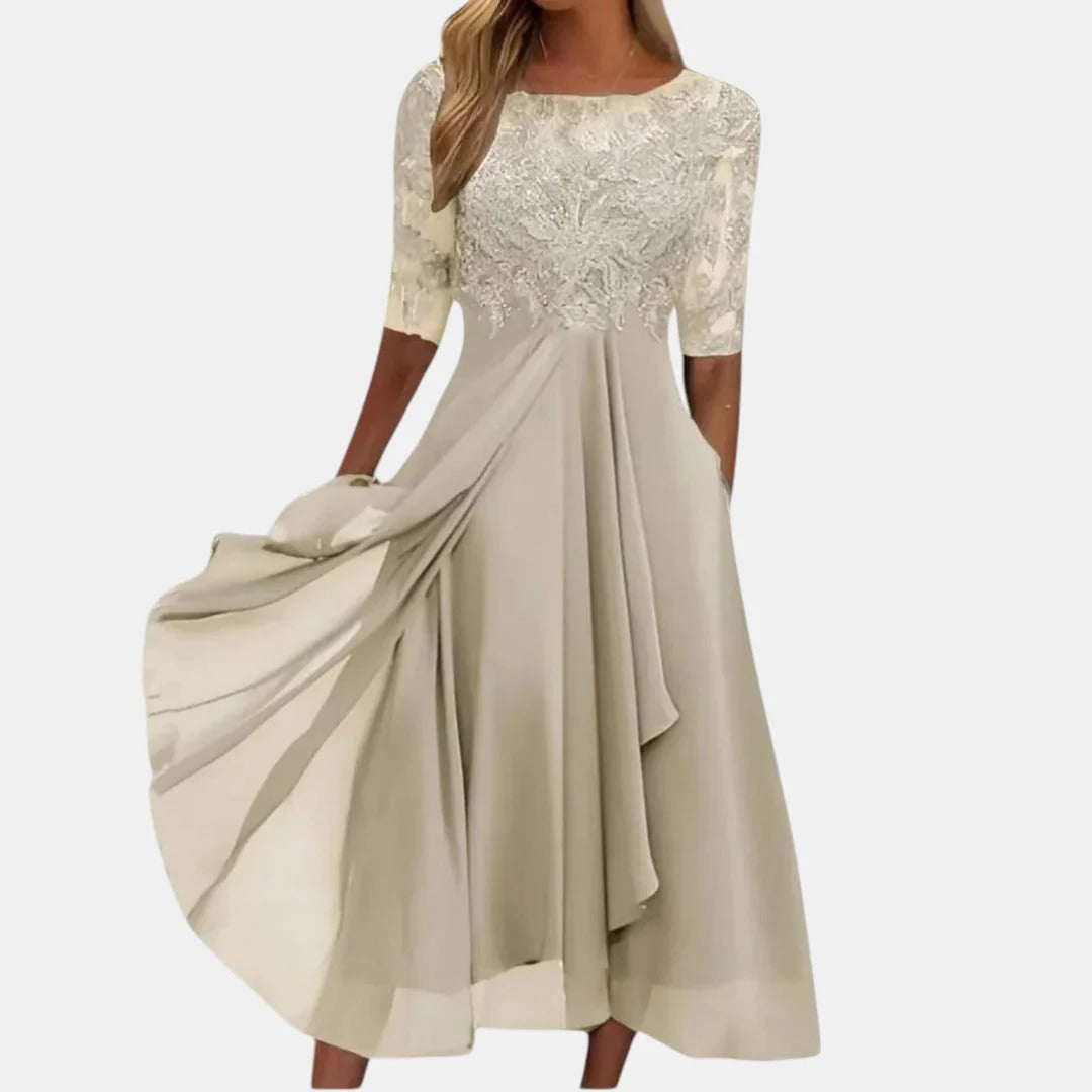 Lace Bodice Round Neck Half Sleeve Chiffon Midi Dress 4