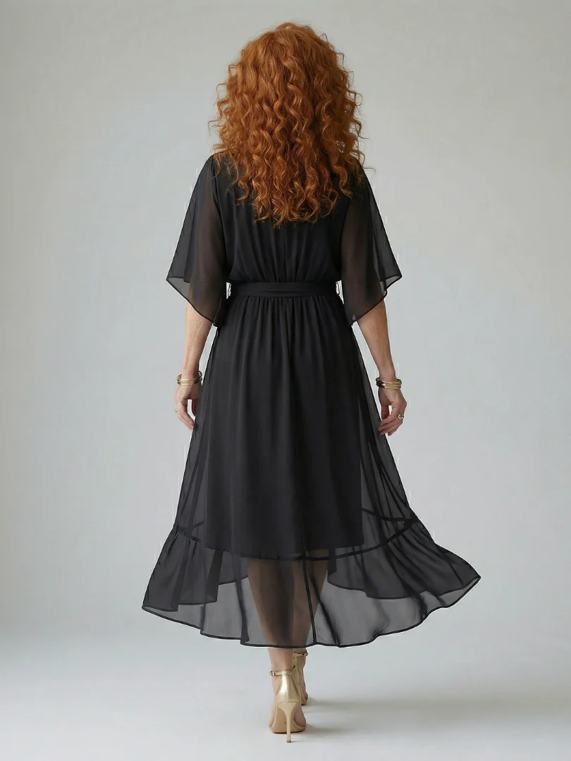 V-Neck Half Sleeve Belted Wrap High Low Midi Dress 11