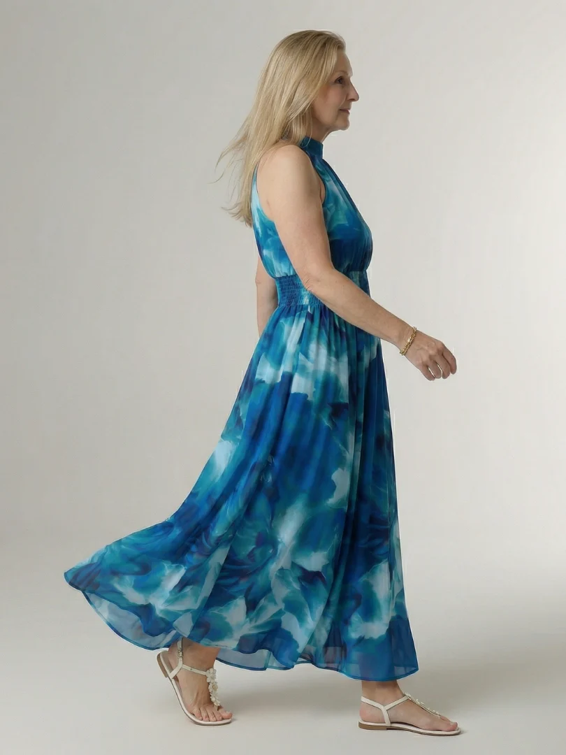 Tie Dye Halter Neck Smocked Waist Maxi Dress 11