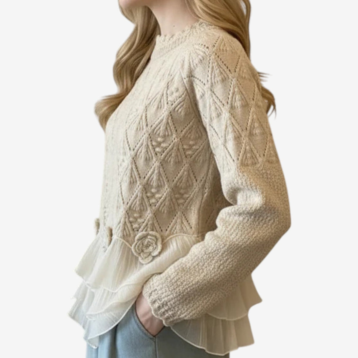 Crew Neck Pointelle Knit Tulle Ruffle Hem Sweater 3