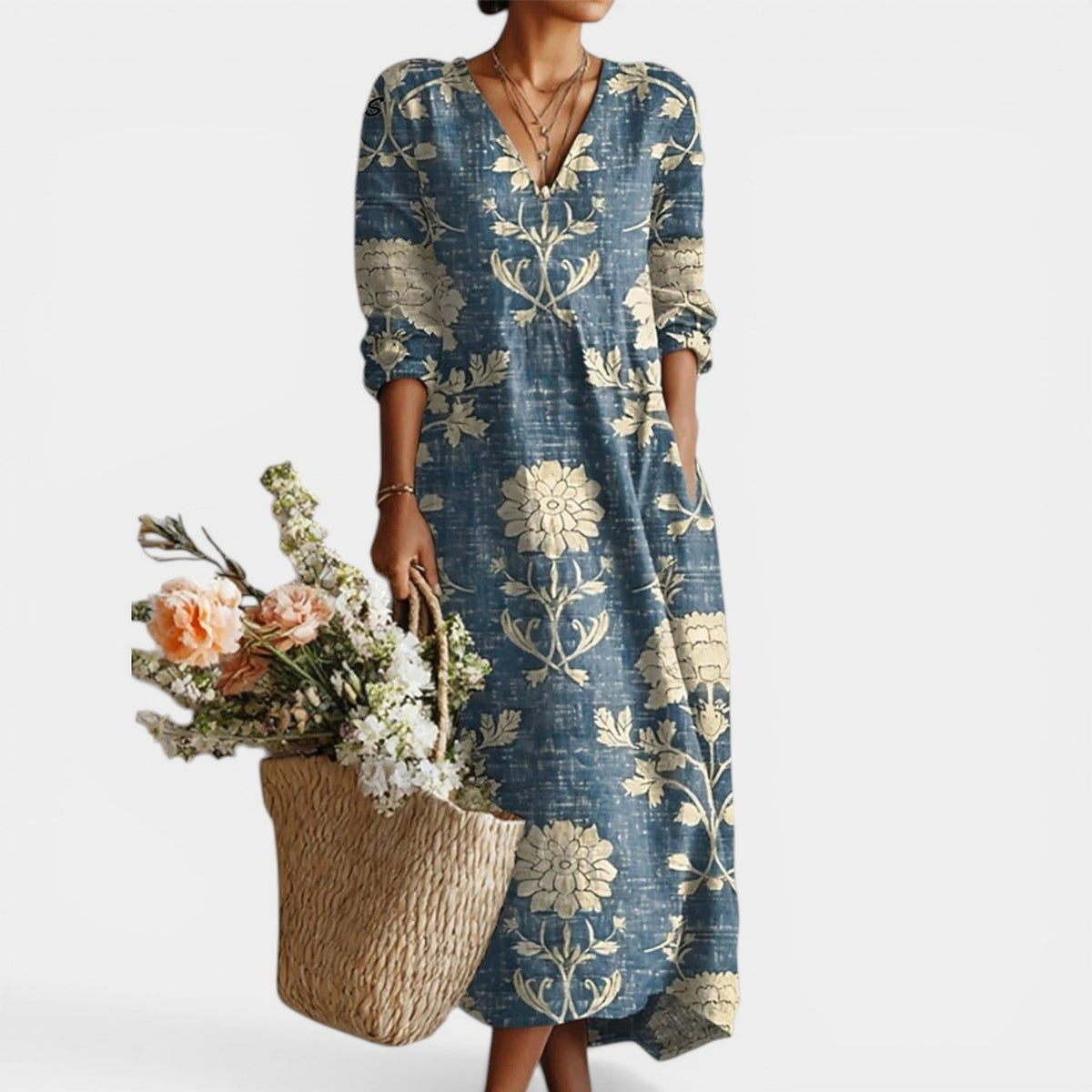 Damask Floral V-Neck Long Sleeve Midi Dress