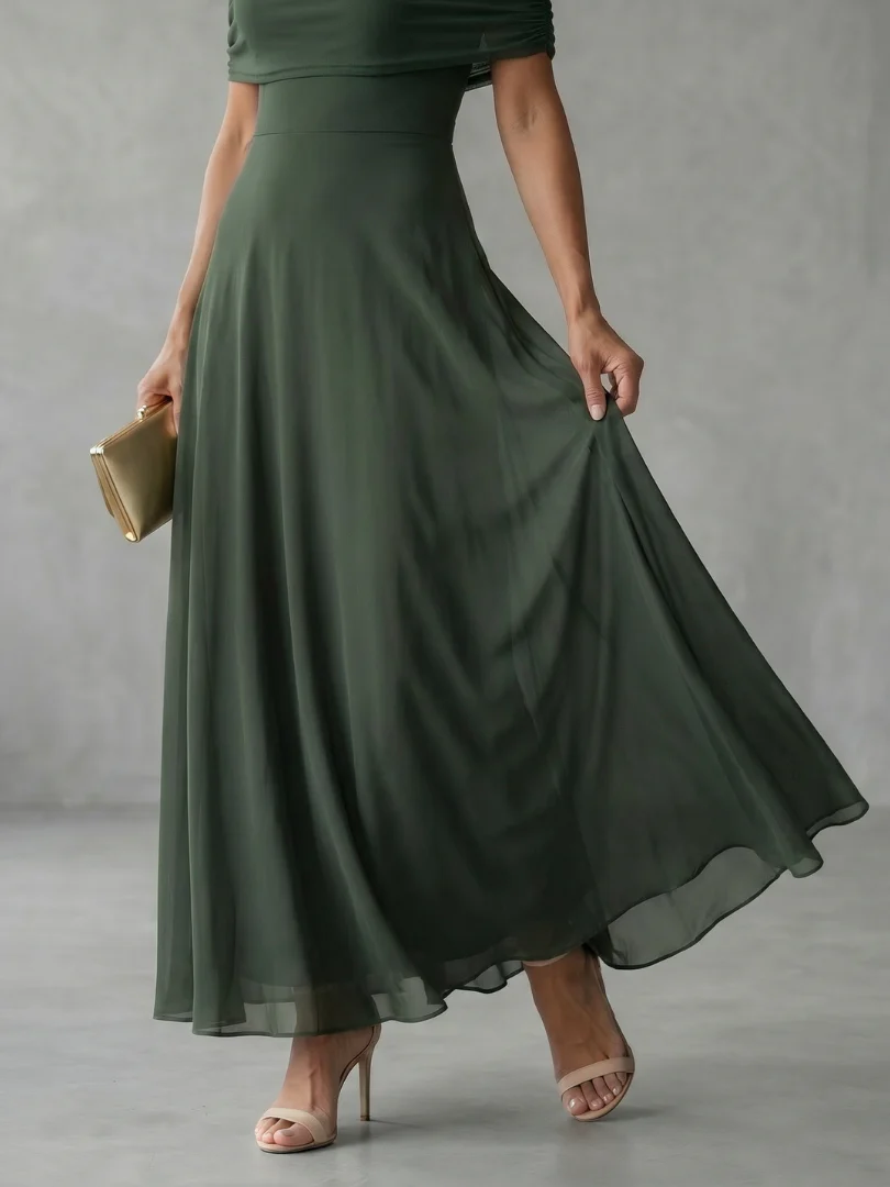 Off Shoulder Ruched Short Sleeve Chiffon Fit and Flare Maxi Dress 12