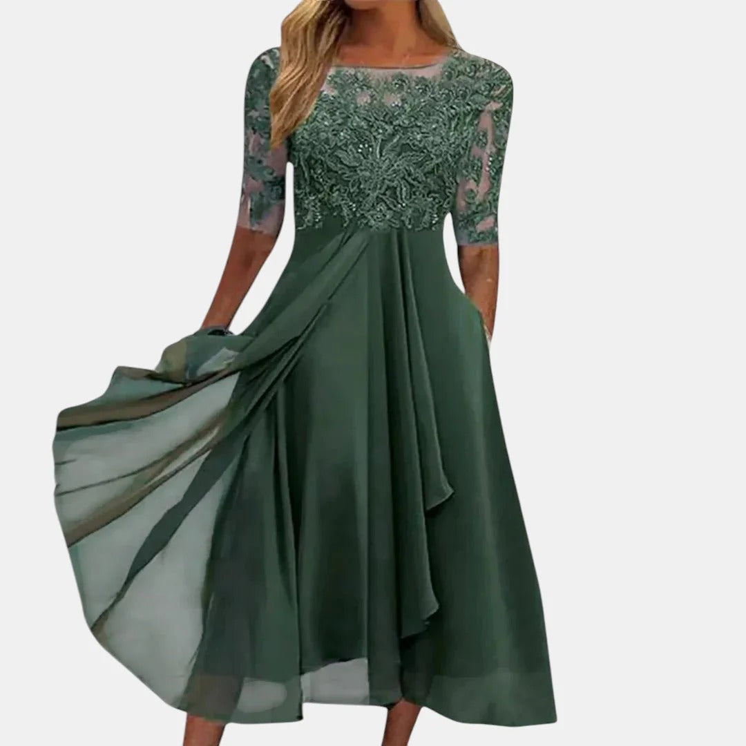 Lace Bodice Round Neck Half Sleeve Chiffon Midi Dress 3