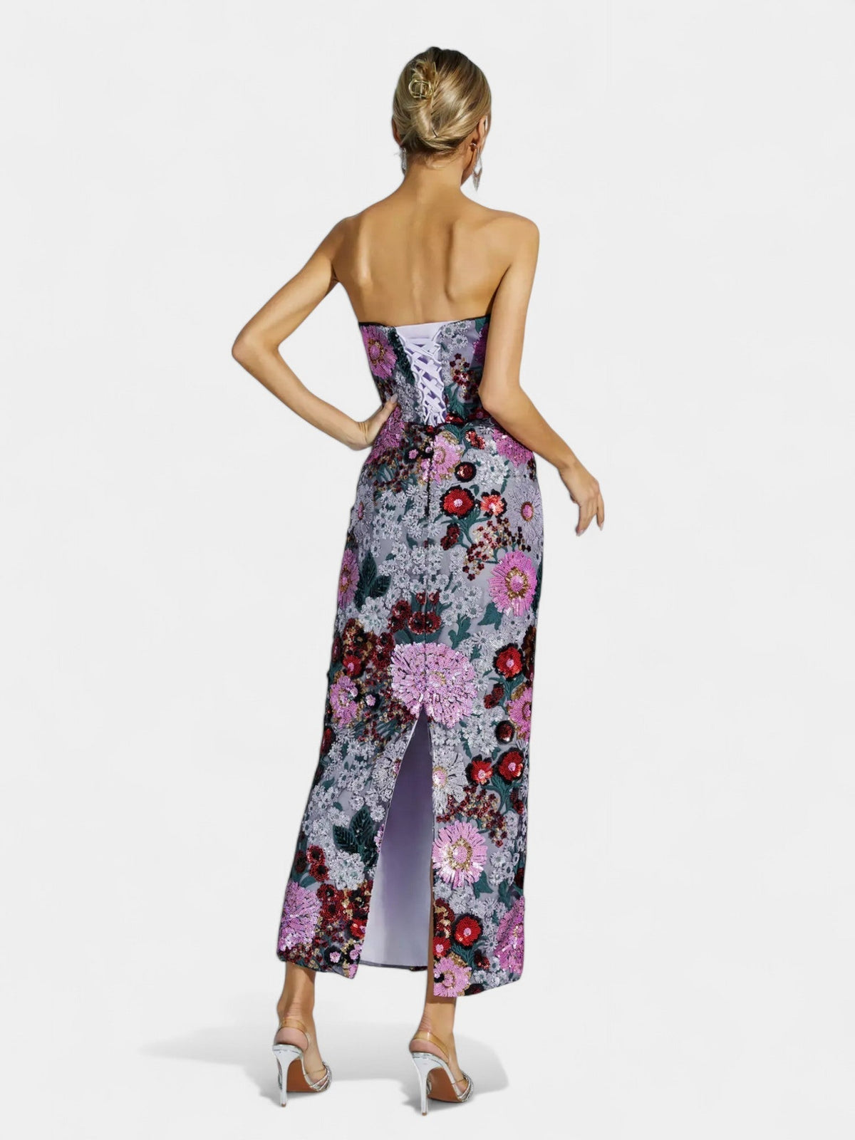 Strapless Floral Sequin Sheer Hem Maxi Dress 5