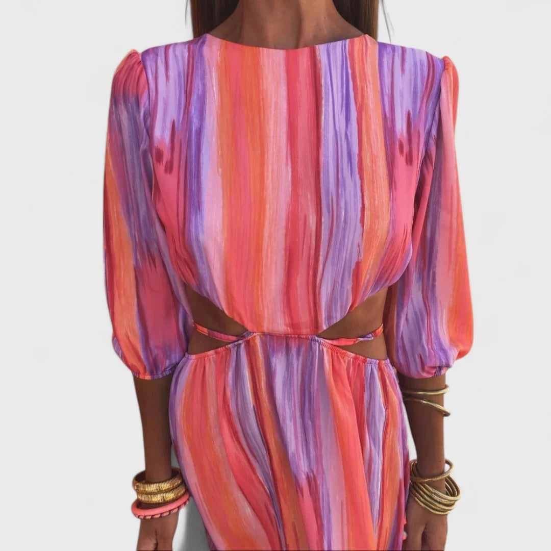 Striped Puff Sleeve Waist Cut Out High Split Maxi Dress 3