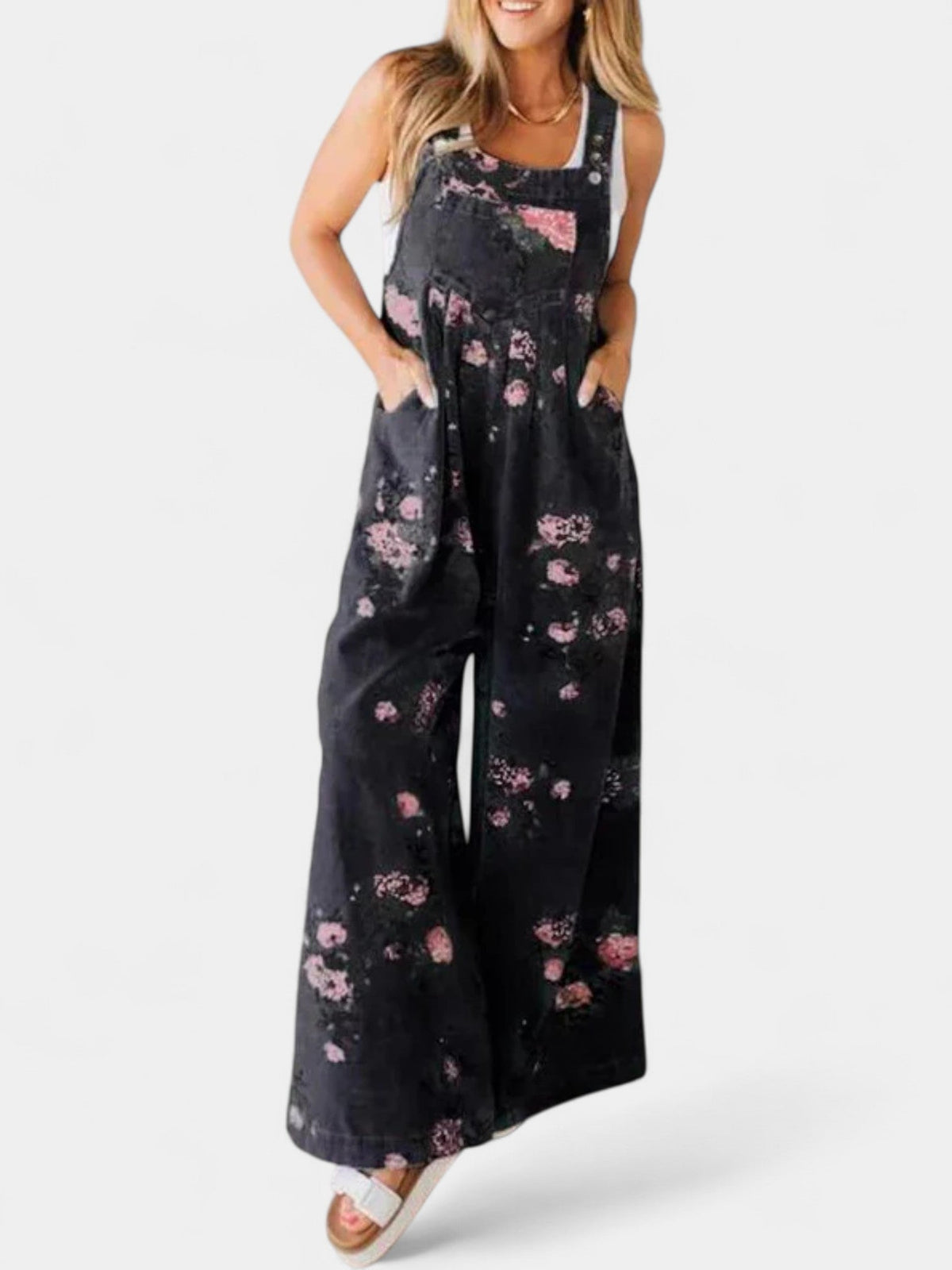 Floral Print Wide Leg Denim Overalls 4
