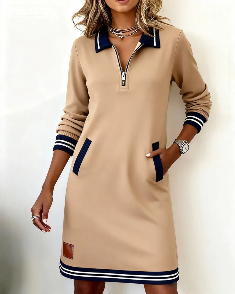 Quarter Zip Collar Long Sleeve Stripe Hem Sweatshirt Dress 5