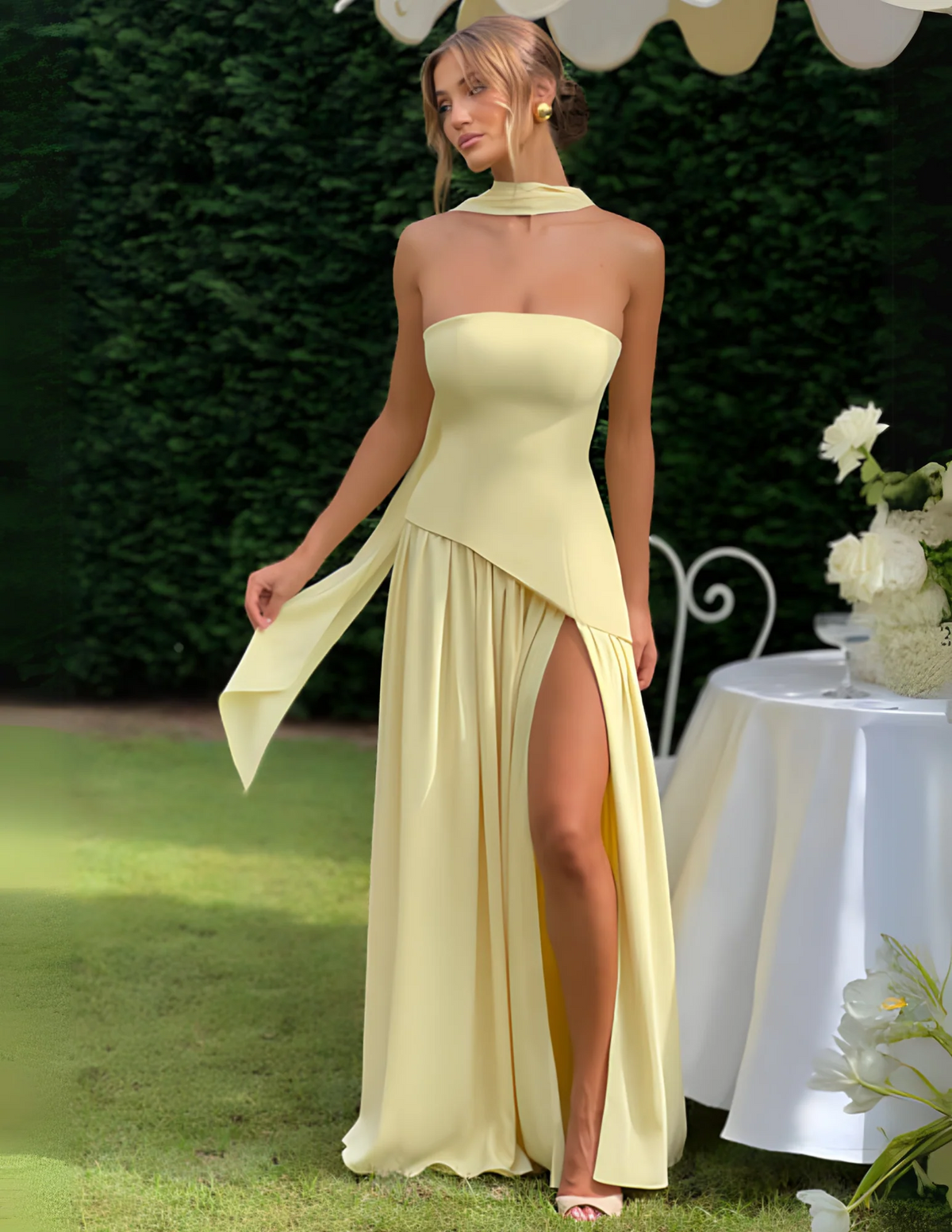 Strapless Scarf Neck Pleated Peplum Maxi Dress 50