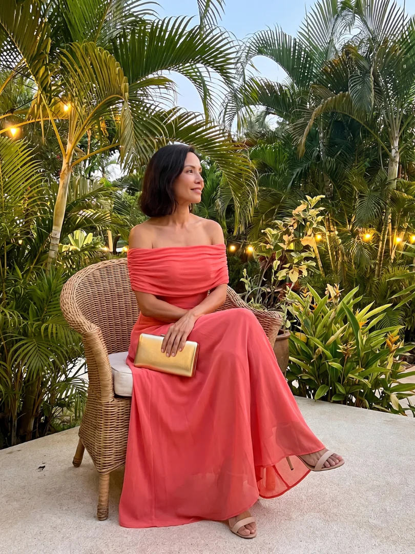 Off Shoulder Ruched Short Sleeve Chiffon Fit and Flare Maxi Dress 9