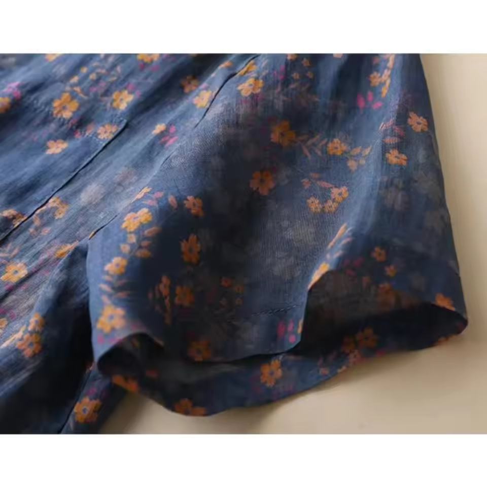 Floral Collared Short Sleeve Half Placket Blouse 5