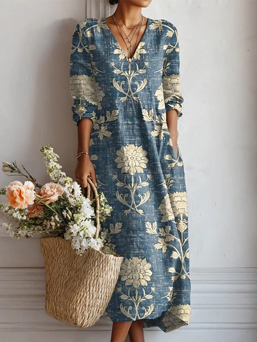 Floral Damask Print V-Neck Long Sleeve Midi Dress