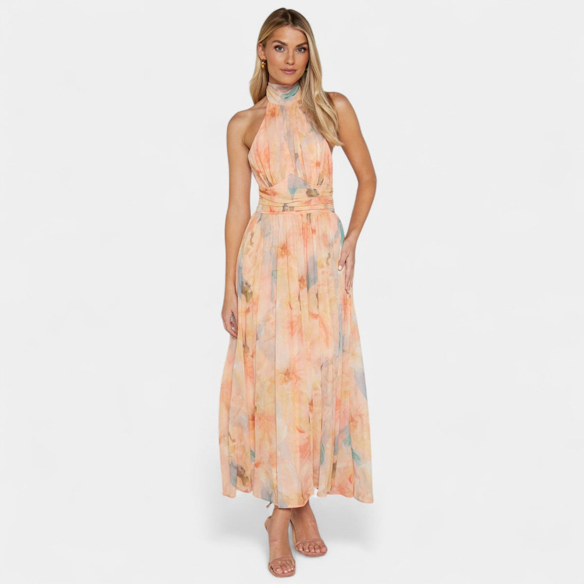 Floral Halter Neck Backless Flowy A-Line Maxi Dress 6