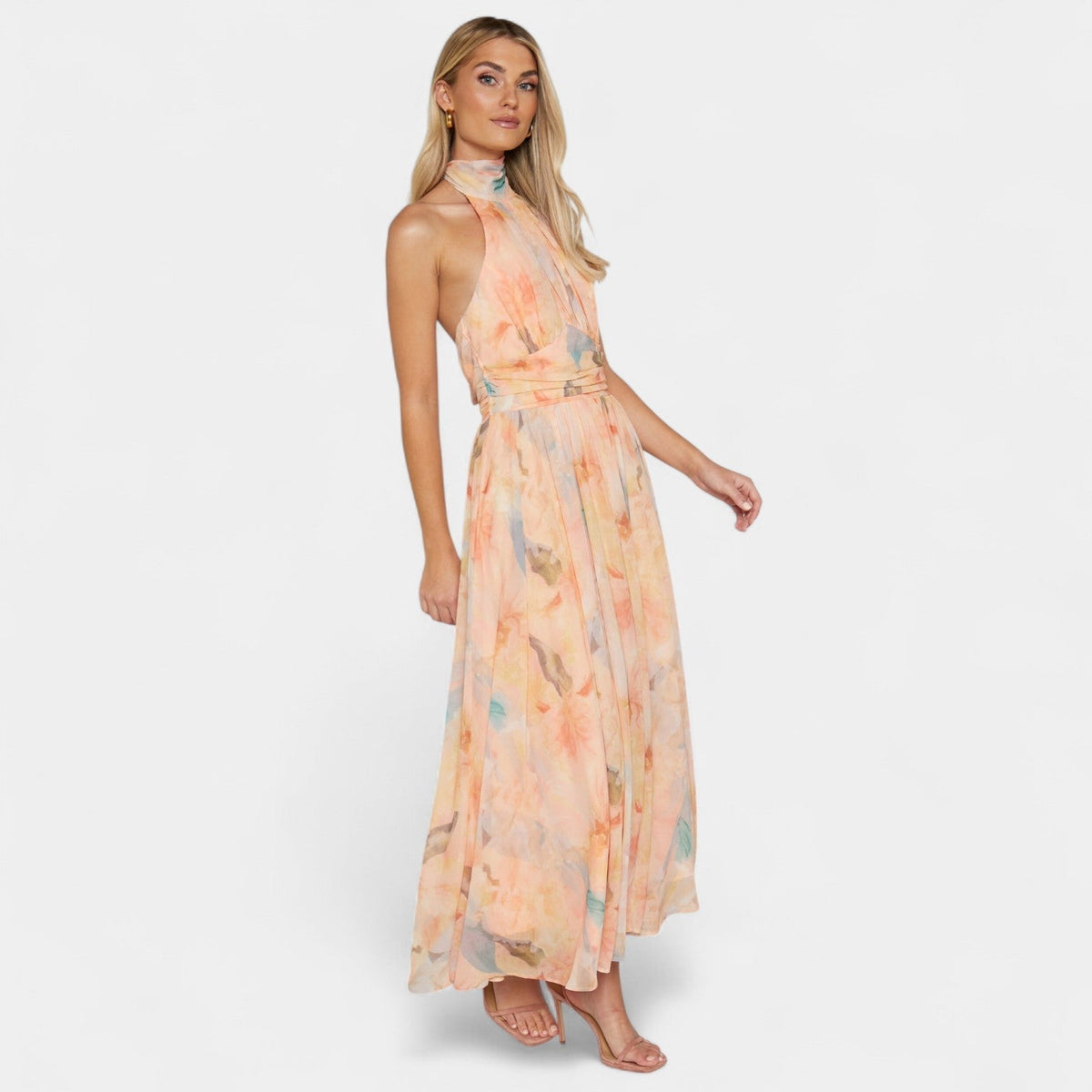 Floral Halter Neck Backless Flowy A-Line Maxi Dress 4
