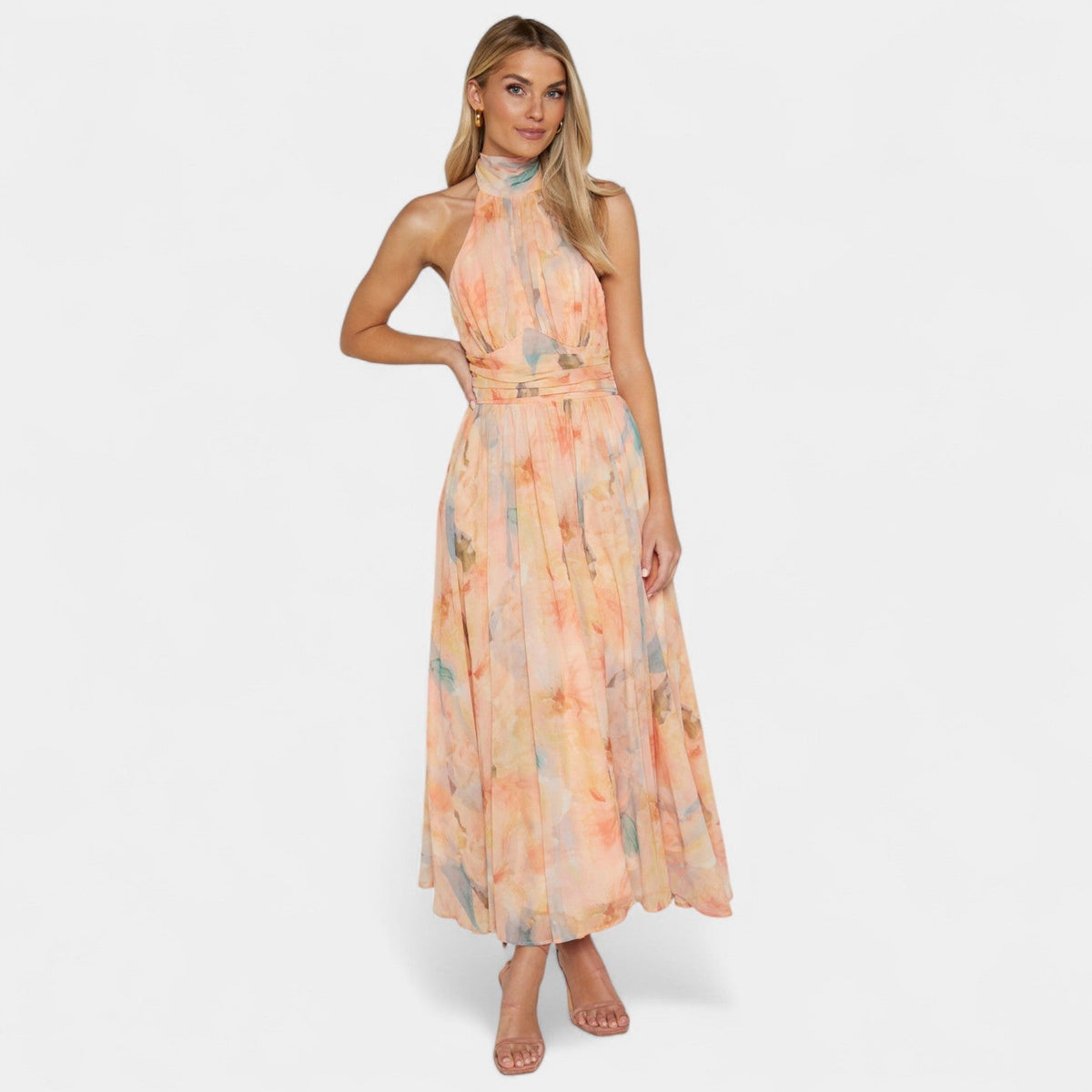 Floral Halter Neck Backless Flowy A-Line Maxi Dress 5