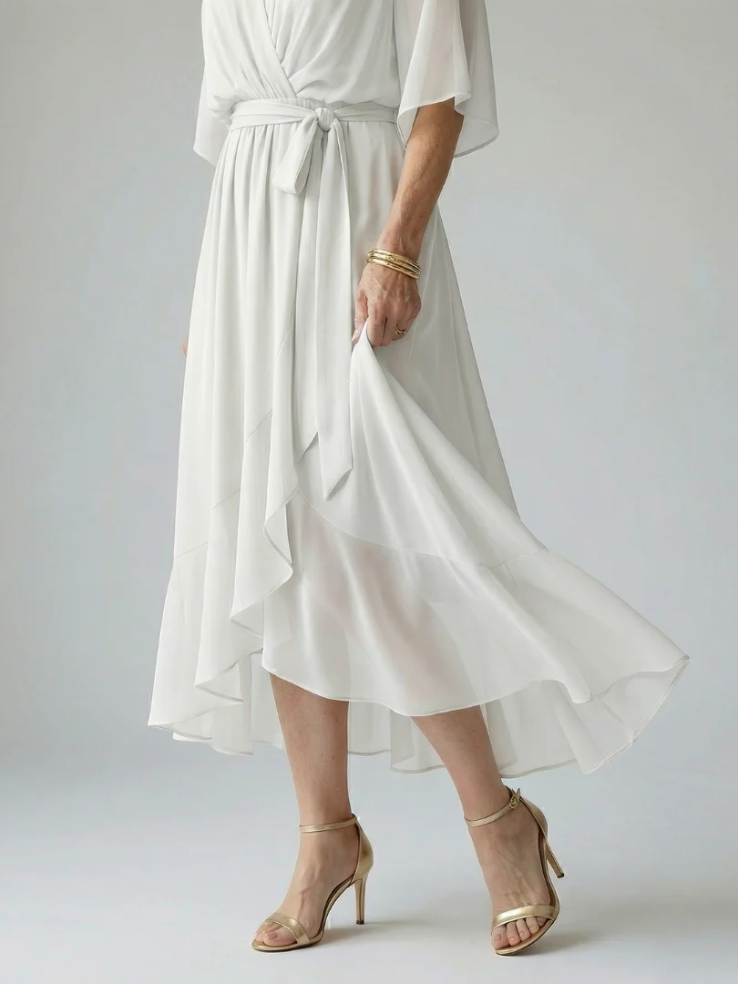 V-Neck Half Sleeve Belted Wrap High Low Midi Dress 9