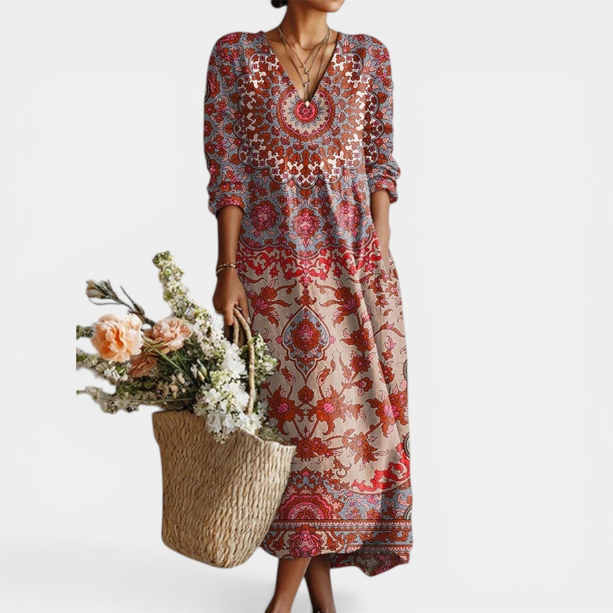 Medallion Print V-Neck Long Sleeve Boho Maxi Dress