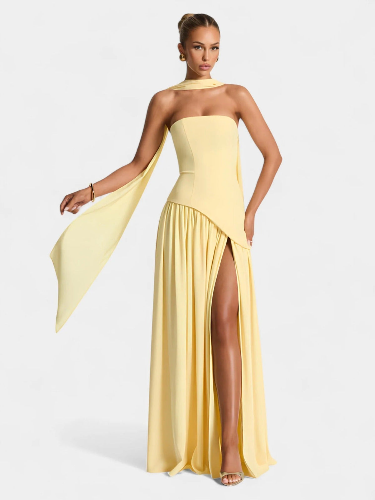 Strapless Scarf Neck Pleated Peplum Maxi Dress